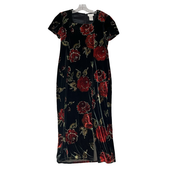 Worthington Velvet Burnout Midi Dress 12 Petite Black Red Roses Square Neck Slit - Picture 1 of 9